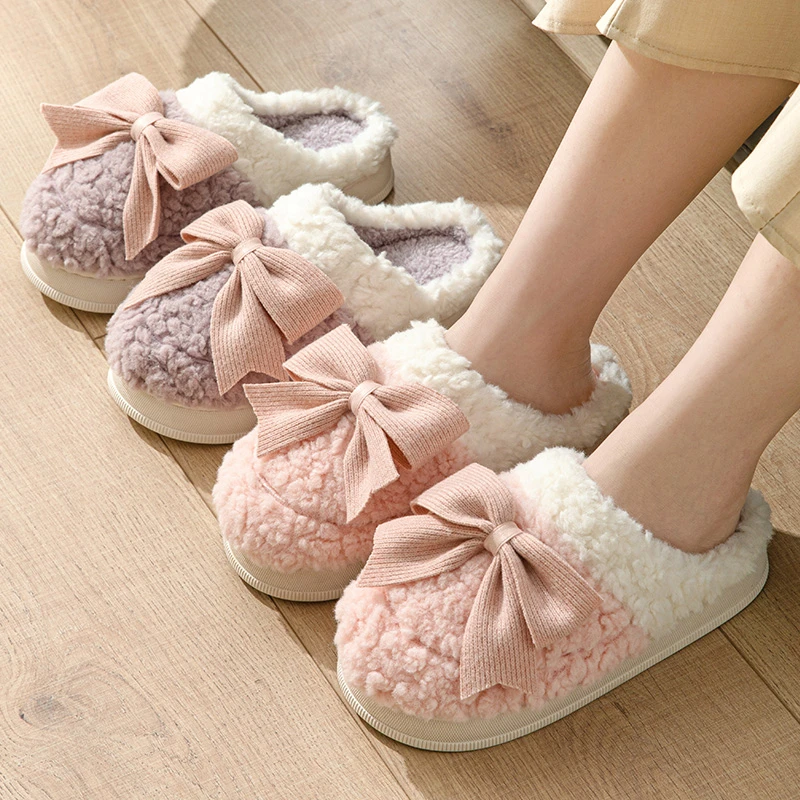 

Fashionable Bow Knot Plush Warm Cotton Slippers Comfortable Plush Casual Home Cotton Slippers Lightweight and Cute Women's Shoes