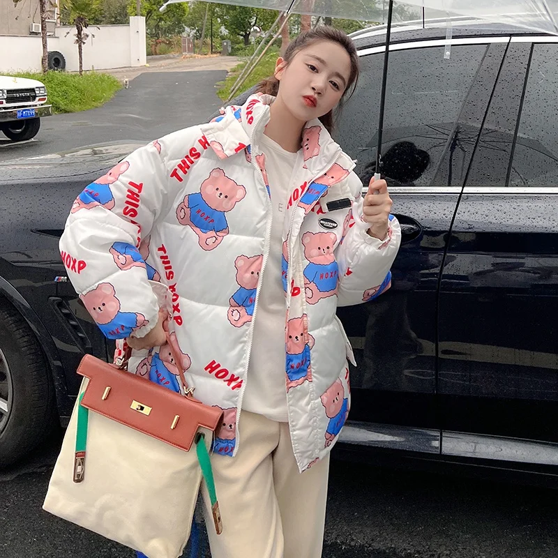 Winter Cute Bear Full Print Loose Warm Jacket Hooded Street Casual Long Sleeve Zip Cardigan Kawaii Sweet Woman Coat 2022 New