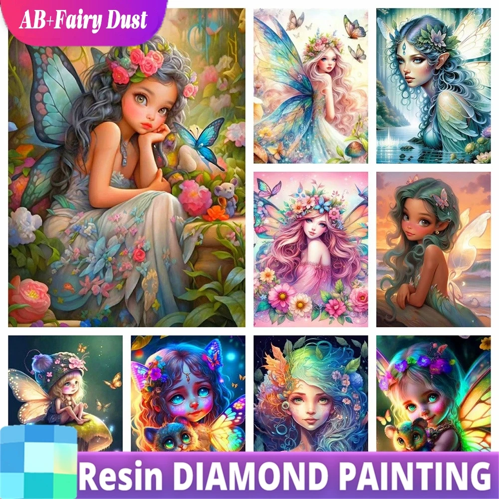 Фото Смола Фея Пыль AB Momoart 5D Эльф Алмазная Вышивка Женский Портрет Вышивка Крестом DIY Бабочка Цветок Дух Мозаика Крыло №1
