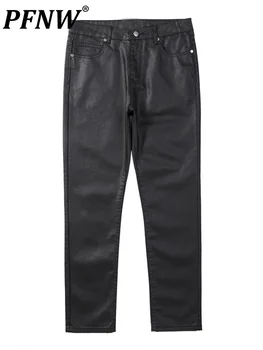 PFNW Men's Waxed Jeans Cotton Gothic Darkwear High Street Coat Autumn Fashion Tide Straight Solid Black Chic Denim Pants 12A2908 1