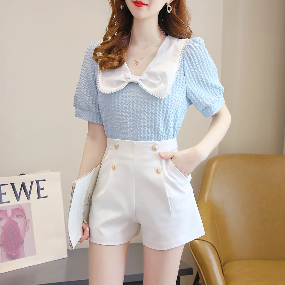 

Women 2022 Summer New Fashion Suits Female Short-sleeved Bow Tops and High Waist Wide-leg Shorts Ladies Two-piece Sets K54