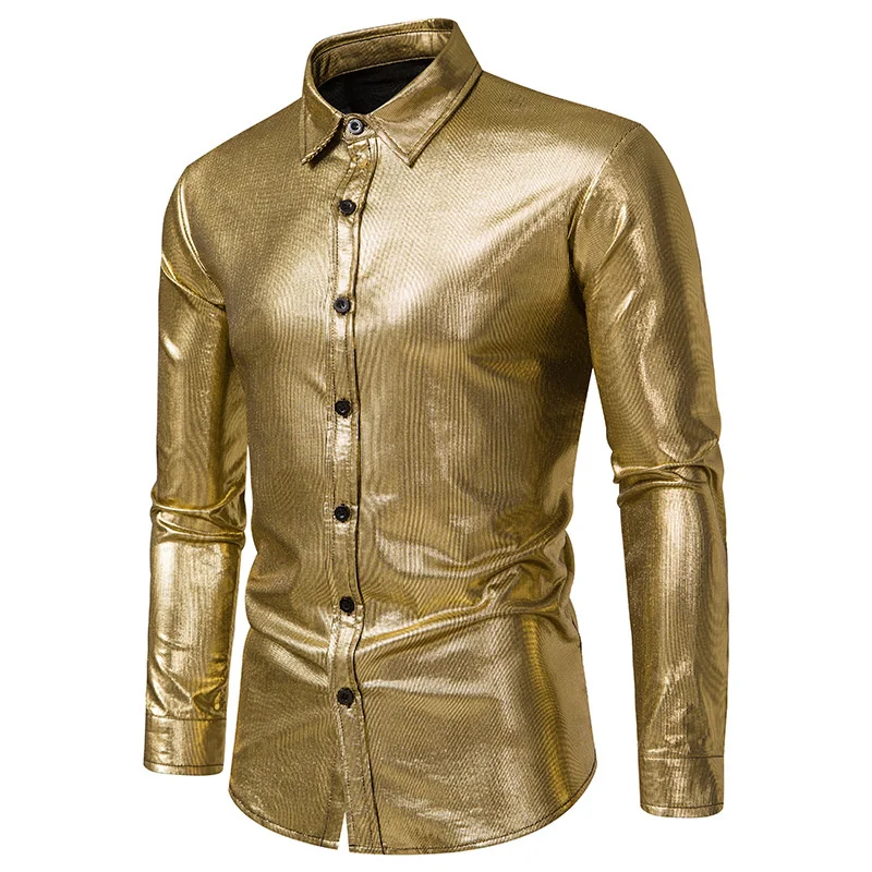 

#4756 Gold Silver Printed Shirts For Men Full Sleeves Streetwear Shiny Men's Shirt Long Sleeve Men Shirts Casual Slim Night Club