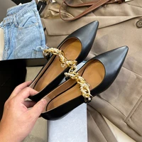 summer autumn flat womens shoes comfortable leather material exquisite metal chain beaded decorative pointed shoes women