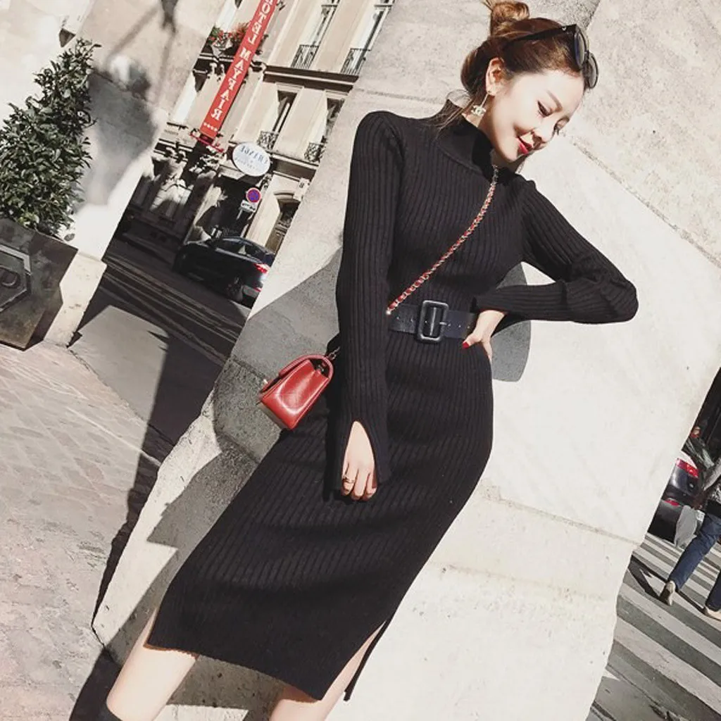 

Платье длинное облегающее однотонное с длинным поясом и круглым вырезом, Модный женский свитер с рукавами, женское платье, хлопковые платья...