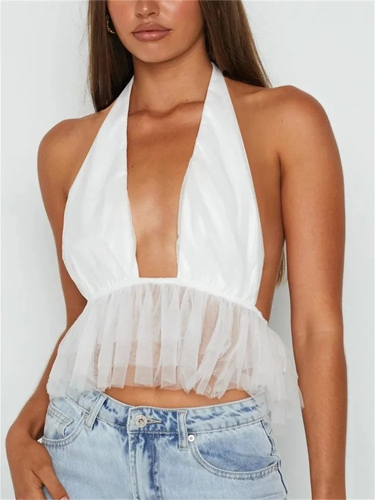 

Women Casual Ruffles Halter Vest Fashion Solid Color Mesh Yarn Tie-up Backless Exposed Navel Deep V-neck Camis Clubwear 2022