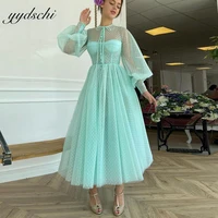 mint green dotted tulle prom dresses o neck long puff sleeves illusion a line party dresses buttoned top tea length prom gowns