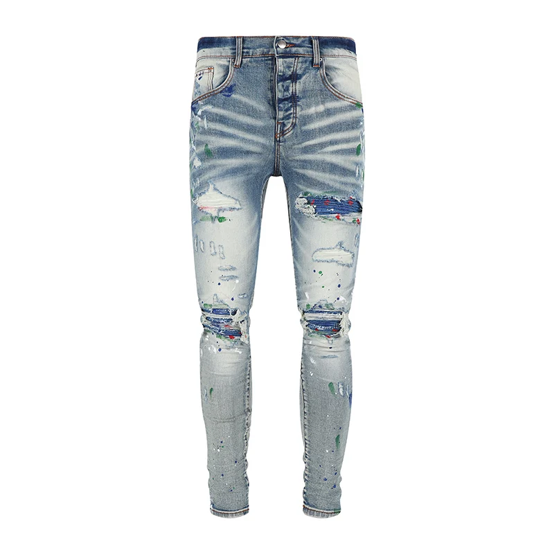 High Street Fashion Designer Men Jeans Retro Blue Stretch Skinny Ripped Jeans Men Button Fly Painted Patched Hip Hop Brand Pants