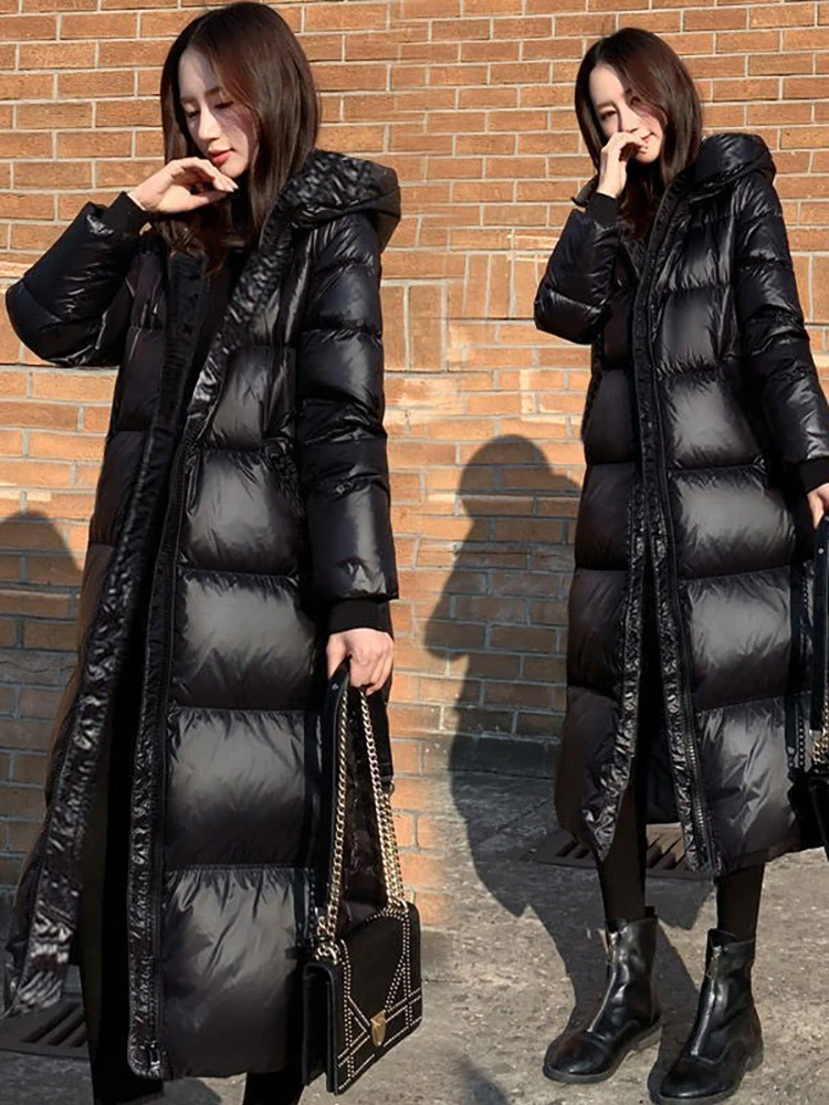 Black Glossy Parka Coat Women's 2022 Fashion Thicken Winter Hooded Loose Long Jacket Female Windproof Rainproof Warm Outwear