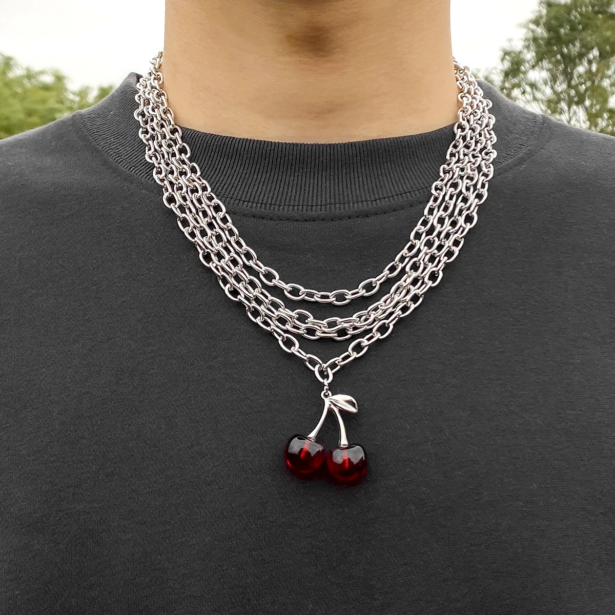 

KunJoe Punk Multi-layered Cuban Thick Chain Cherry Pendant Necklace for Men Women Gothic Silver Color Metal Clavicle Chain Gift