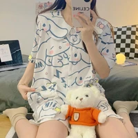 kawaii cinnamoroll cartoon summer pajamas short sleeve cardigan peter pan collar sleepwear anime v neck nightgown girl homewear