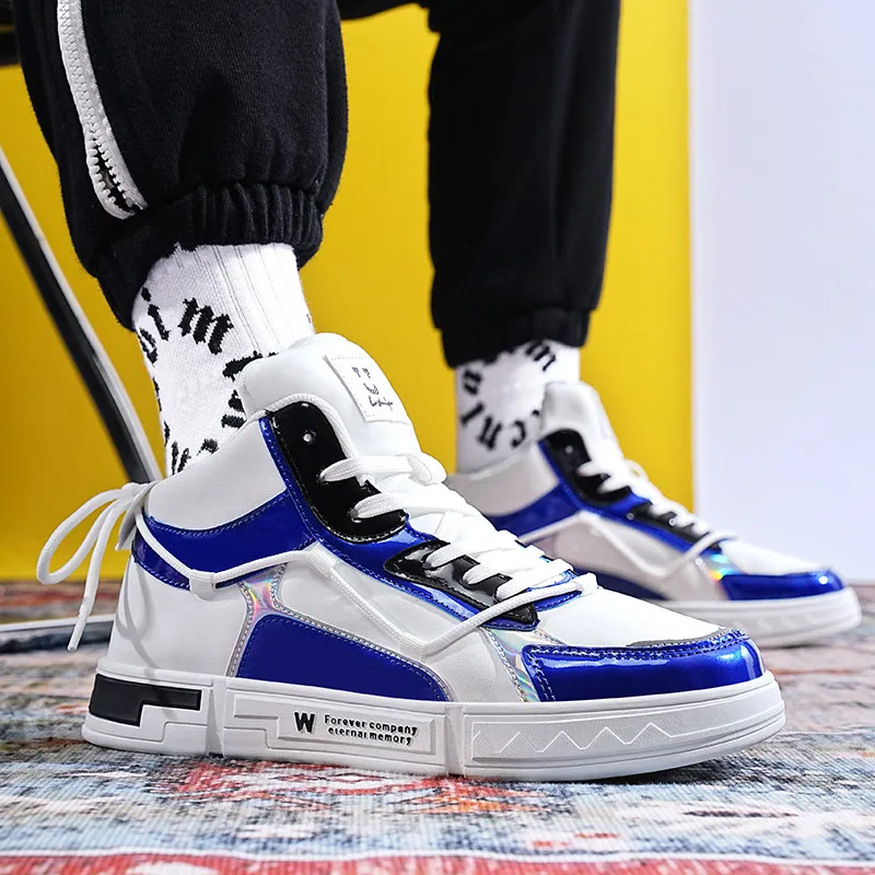Brand Fashion Design Men's Shoes Luxury Mirror Glitter Men High top Sneakers Platform Streetwear Hip hop Men's Skateboard Shoes