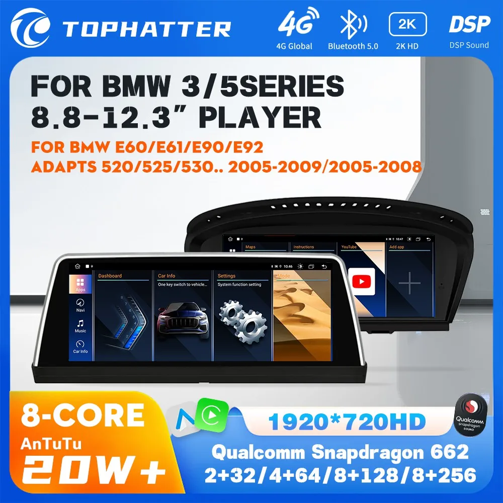 

TOPHATTER 8.8/12.3inch Android 12 Car Radio for BMW 3 Series E60 E61 E90 E92 Snapdragon 662 Voice Multimedia Audio Video Player