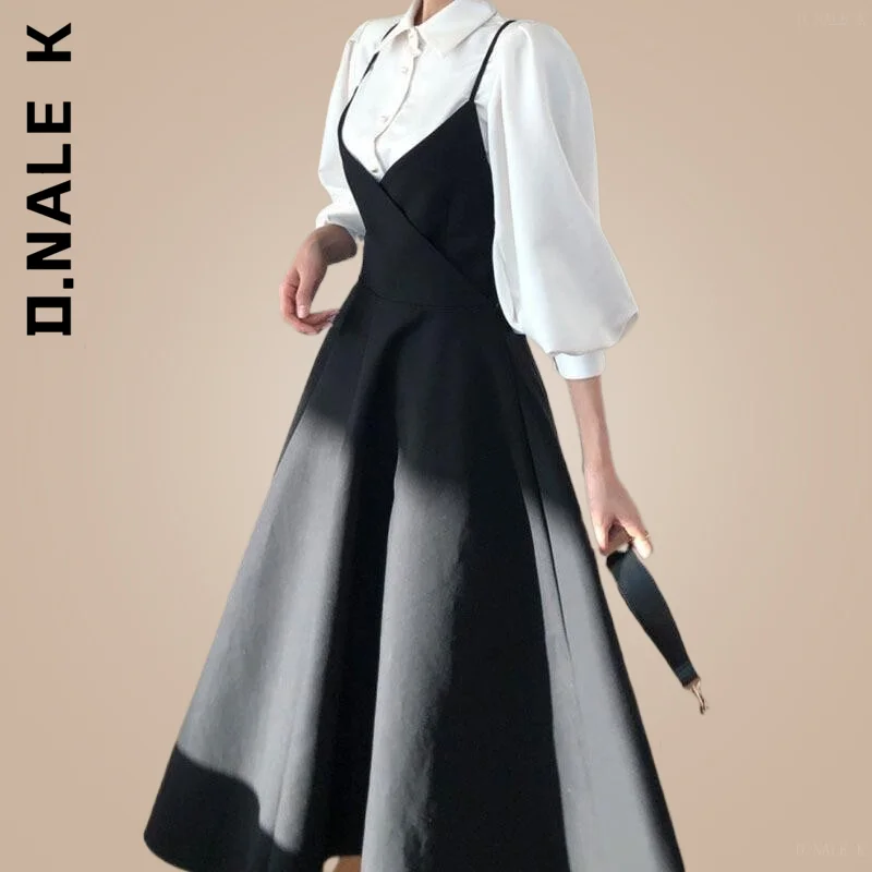 

Dress Women Fashion Single Breasted Lantern Sleeve Shirt Set+Camisole Bow Pleated Solid Dresses Korean Elastic Vestidos Female