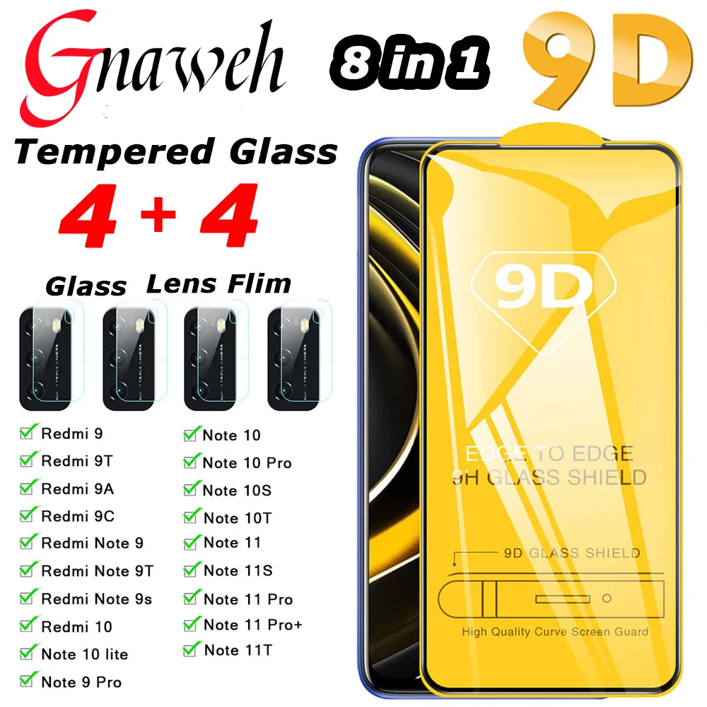 

8 in 1 9D Tempered Glass For Redmi 10 9 9A 9T 9C Note 11 10 9 10T 4G 5G Screen Protector and Protective Camera Lens Film