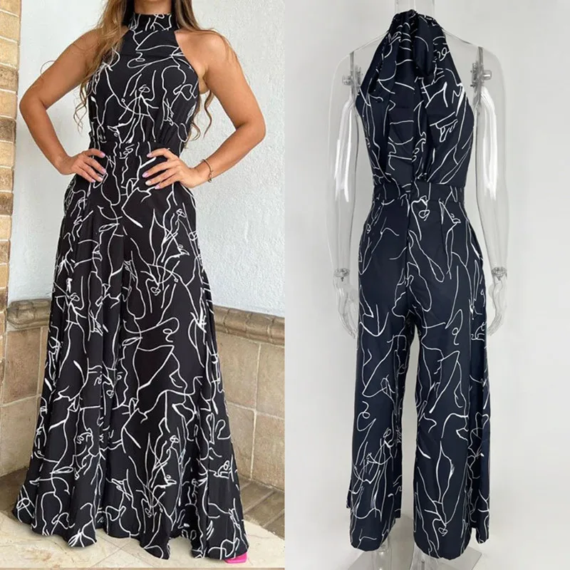 

Женский Летний комбинезон с воротником-хомутом, без рукавов, с художественным принтом, высокая уличная одежда, Облегающий комбинезон с широкими штанинами