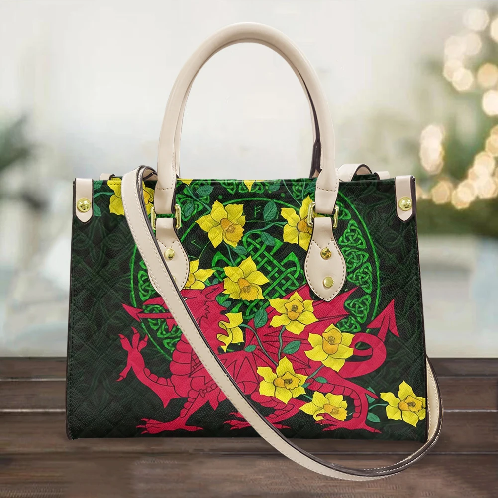 

FORUDESIGNS Wales Cymru Dragon Daffodil Print Soft Top Handle Female Shopping Bags Pu Leather Crossbody Handbags Luxe Femme