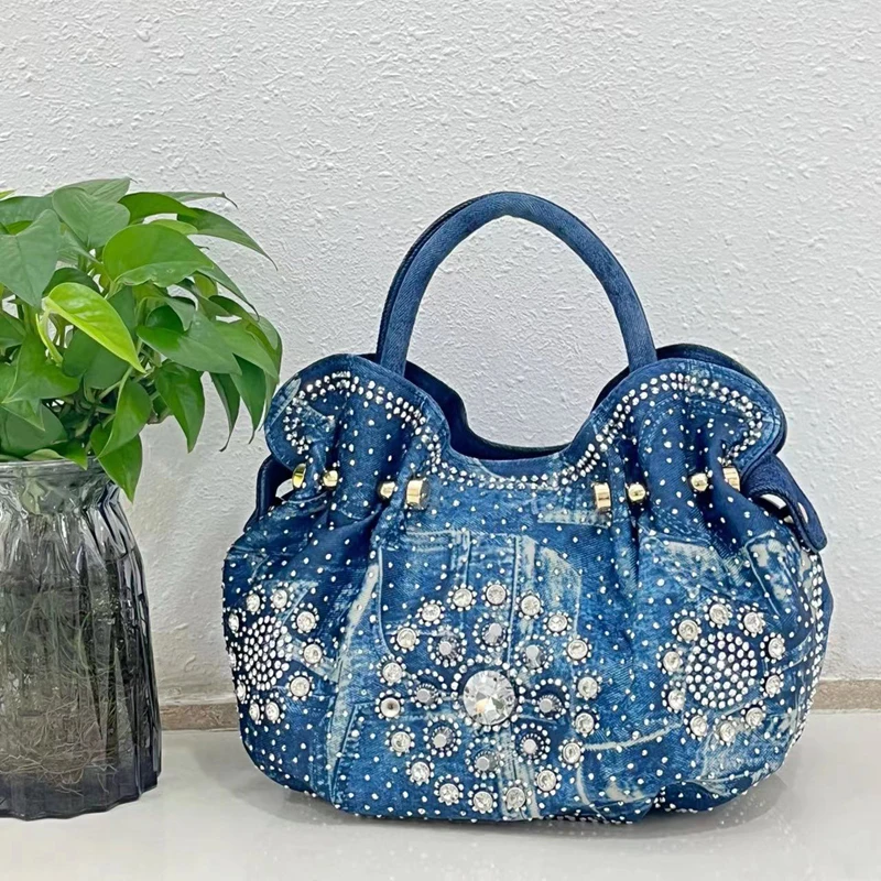 

iPinee Premium Diamond Inlaid Handbag New Fashion Denim Vegetable Basket Bag Heavy Work Rivet One Shoulder Diagonal Straddle Bag