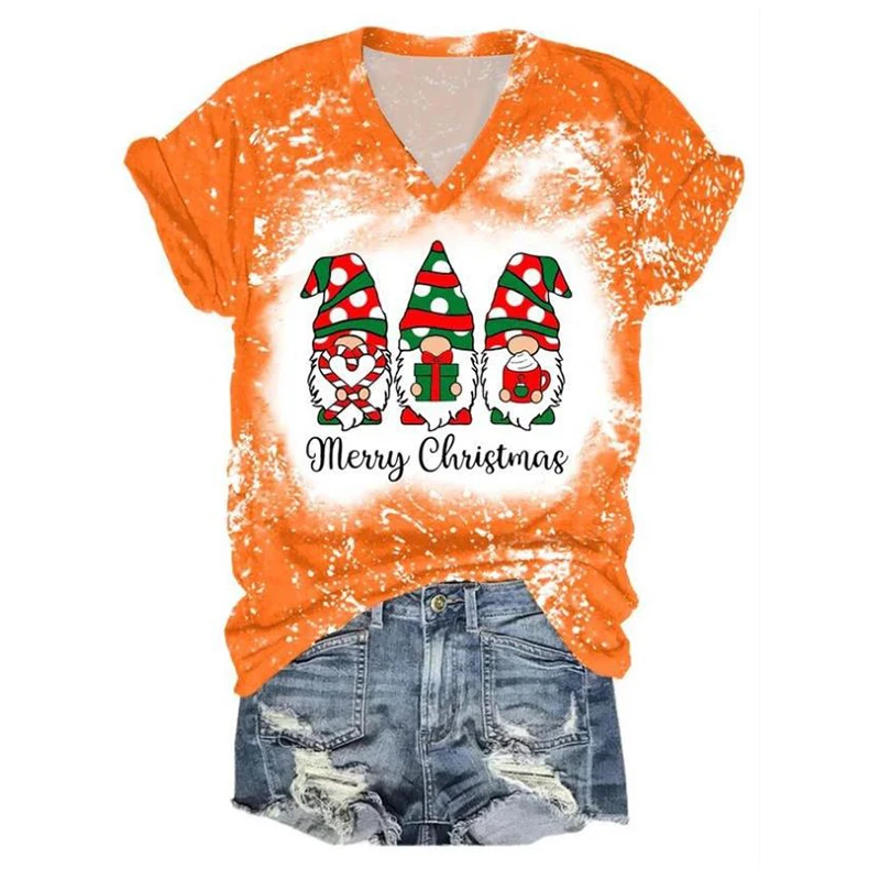 

XXXL Summer Short Sleeve T-shirts for Women New Year Merry Christams Casual V-neck Printed Loose Tees Ladies Orange Shirt Female