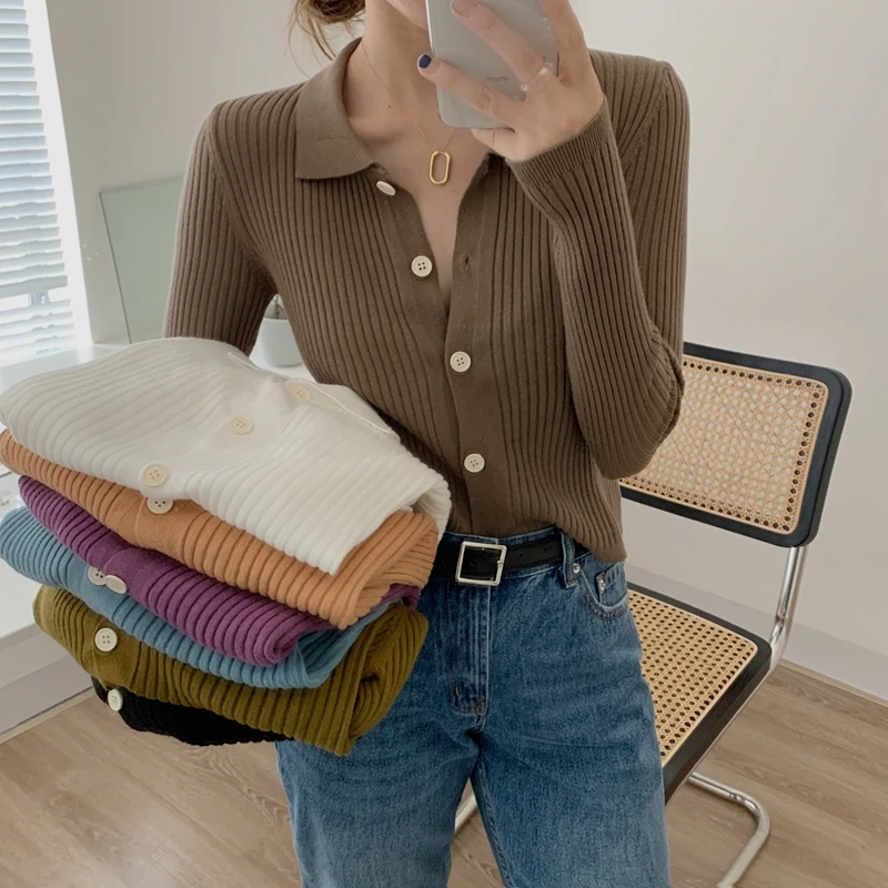 

2020 New Women Korean Slim Multi-color Outer Top Lapel Collar Long Sleeve Knitted Button Cardigan Autumn Winter Female's Wear