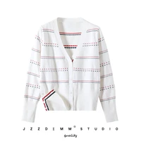 tb striped college style knitted cardigan spring and autumn v neck long sleeved jacket top women