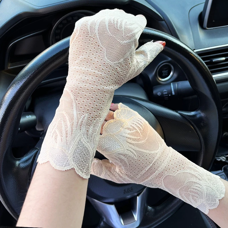 

Эластичные ультратонкие перчатки для вождения, 1 пара, кружевные перчатки на полпальца, длинные перчатки без пальцев, солнцезащитные сетчатые варежки
