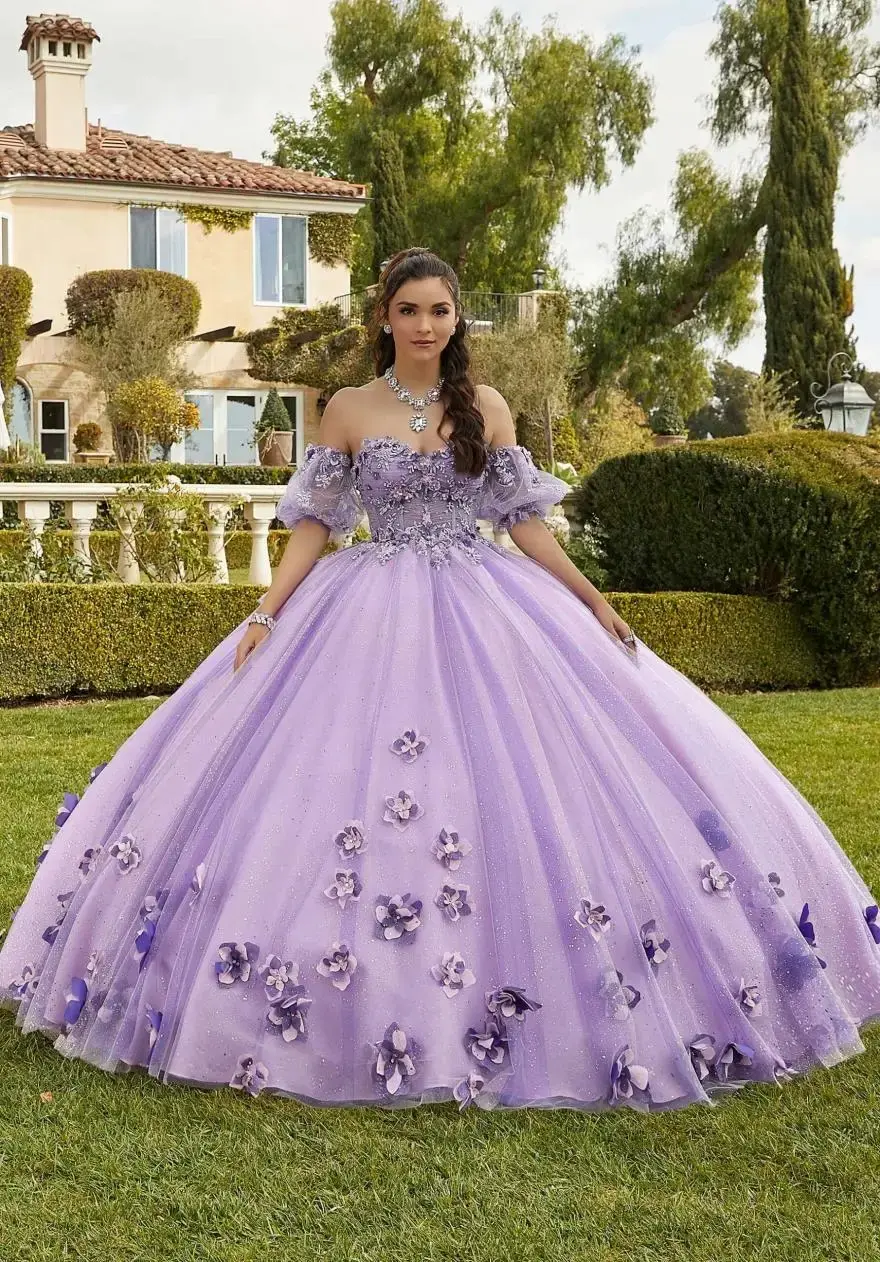 Мятное платье Quinceanera 2024 бальное с цветами корсет пышными рукавами и аппликациями