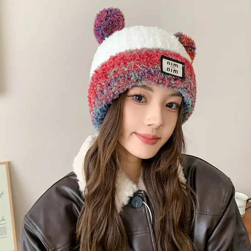 Вязаная шерстяная шапка женская осенне-зимняя теплая утепленная для верховой