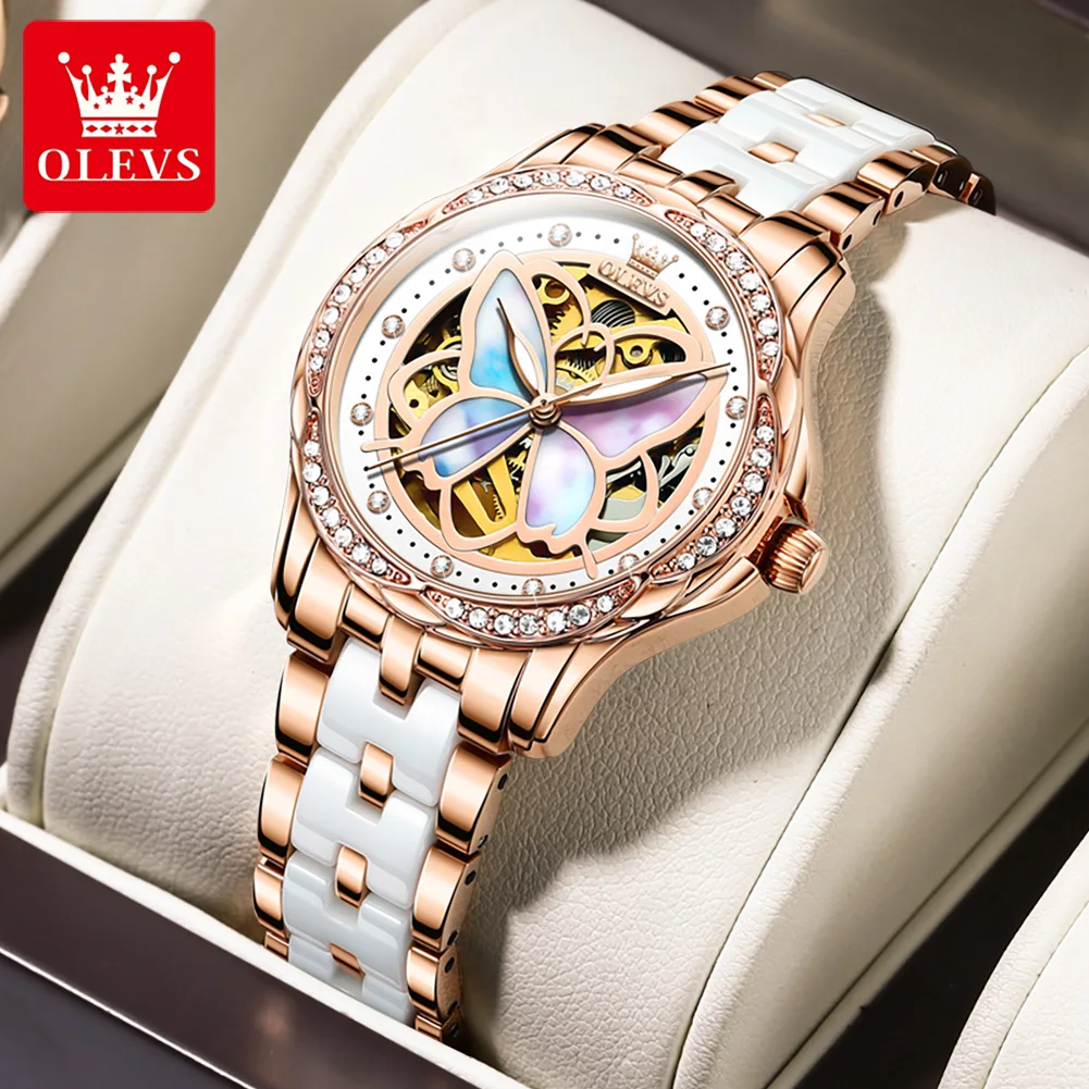 OLEVS Women Automatic Mechanical Watch Luxury Brand Ceramics Ladies Watch Female Watch Rhinestone Skeleton Wristwatch 6615