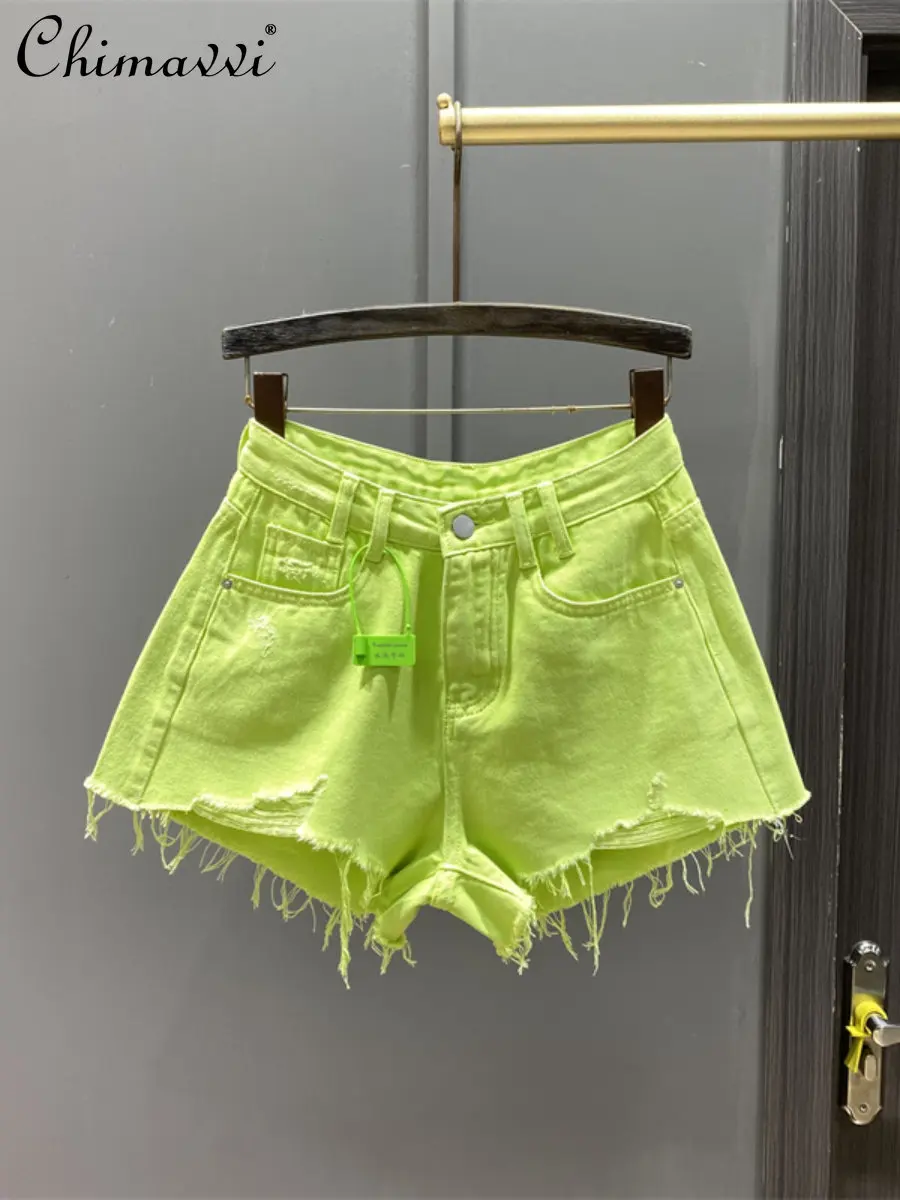 

Fluorescent Green Fashion Holes Denim Shorts Women's 2023 Summer New A- Line High Waist Slimming Wide Leg Pants Hot Pants
