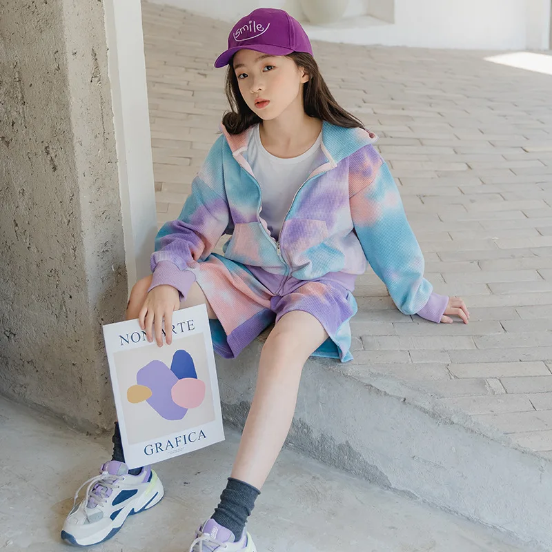 

8 10 years Girls Zipper Hoodie Tie-dyed Clothes Set 2022 Children 2 pieces Spring Fall Fashion Casual Suits 12 13 14 15 years