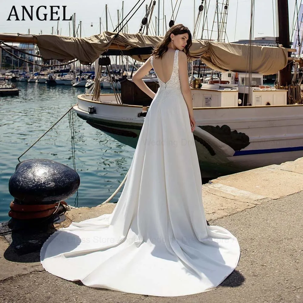 Фото ANGEL индивидуальное стильное свадебное платье трапециевидной формы для невесты со шлейфом без рукавов и аппликацией на молнии, свадебные платья Vestidos De Novia №2
