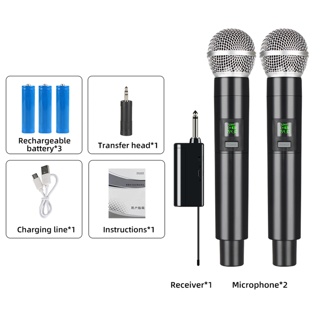 

UHF Wireless Microphone Handheld Mic 2 Channels Rechargeable For Party Karaoke Church Show Meeting Professional Handheld Mic