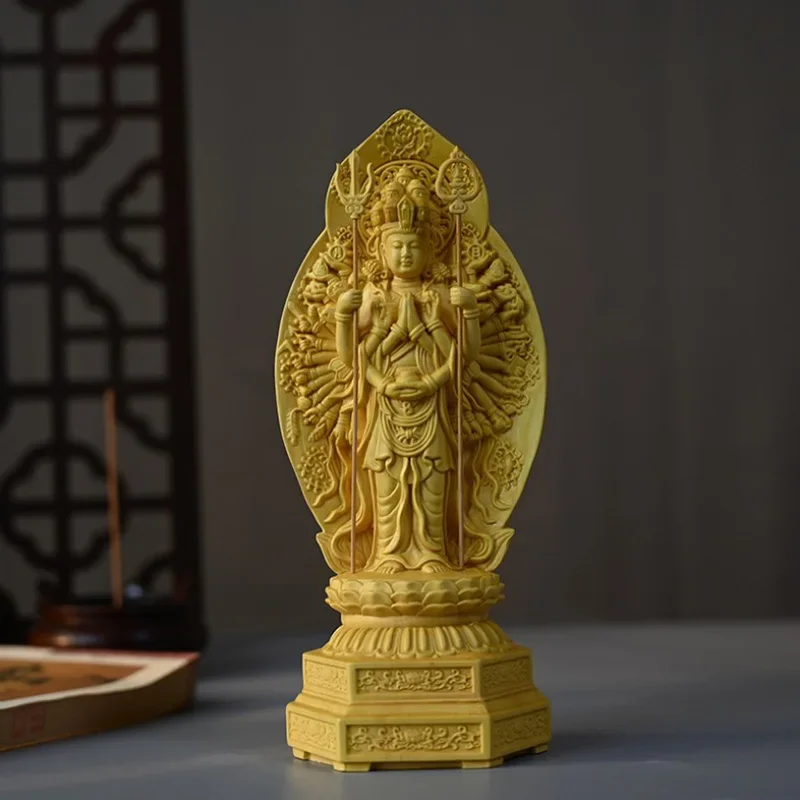 

Solid wood carving Thousand-Hand Guanyin Buddha Statue，Three-dimensional carving，Home Living Room Decoration Feng Shui Statue