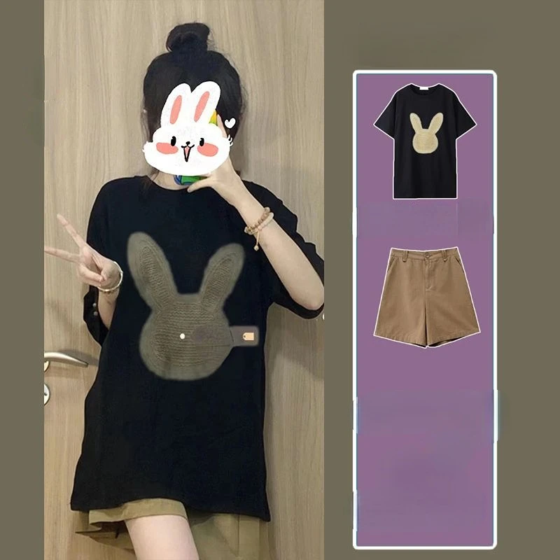 

Футболка с коротким рукавом женская, милый повседневный комплект, штаны в студенческом стиле, кроличья кожа, цвет черный, лето