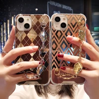mirror ladies phone case for iphone 11 12 13 diamond check band metal bracelet case for iphone 13 12 11 pro max wrist strap case
