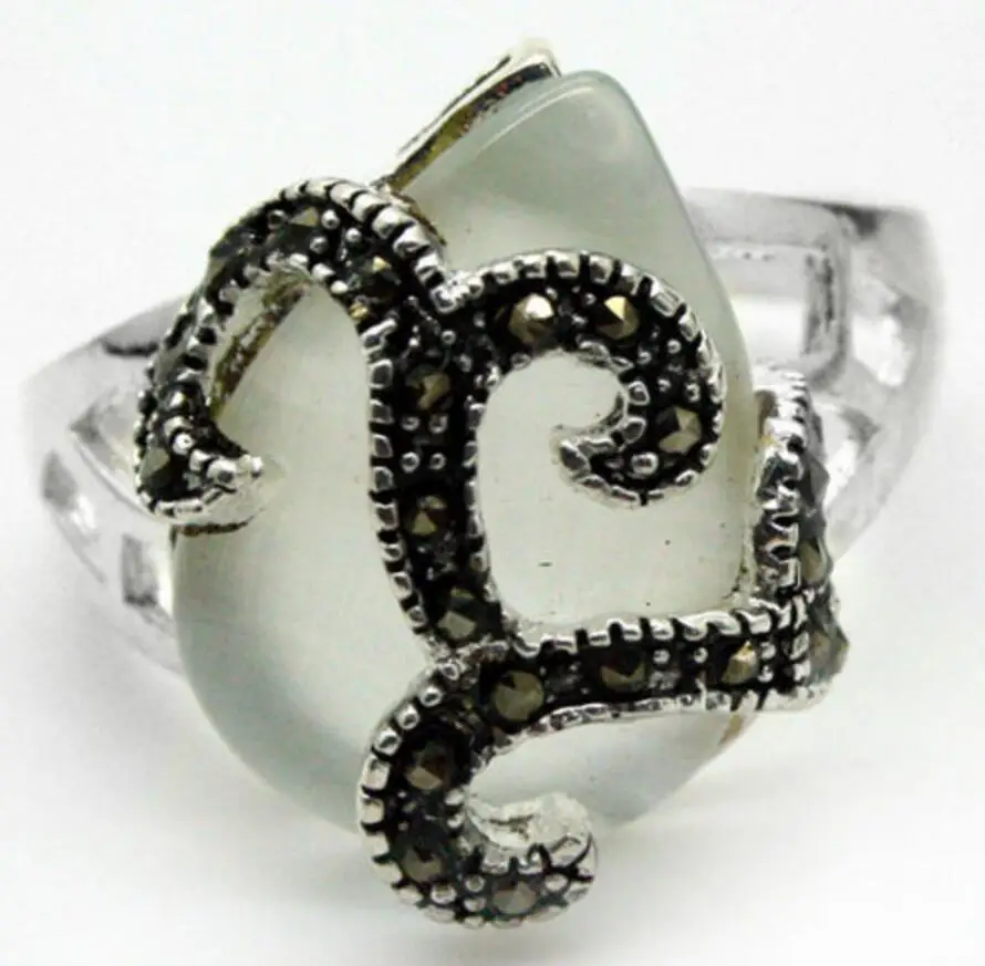 

18X16mm White Cat Eye Stone Opal Marcasite 925 Sterling Silver Lady Ring Sz 7-10