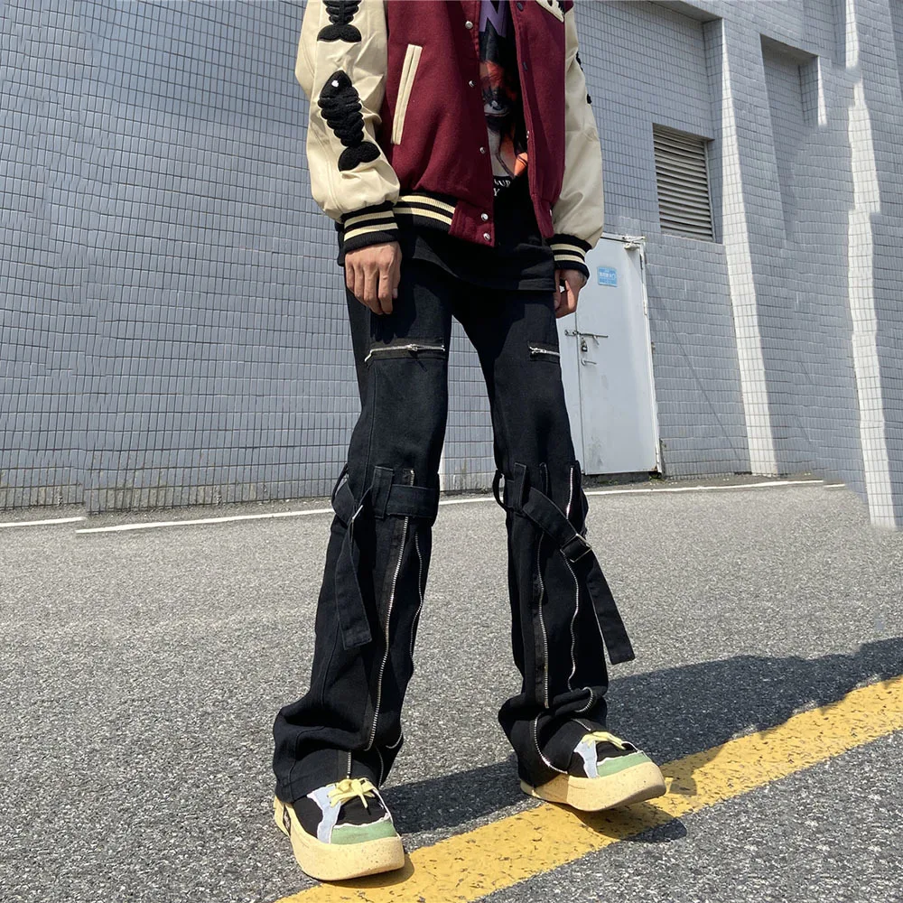 Emo Men Black Streetwear Gothic Straight Wide Leg Cargo Pants Y2K Alt Harajuku Baggy Trousers Low Rise Jeans Overalls Clothes