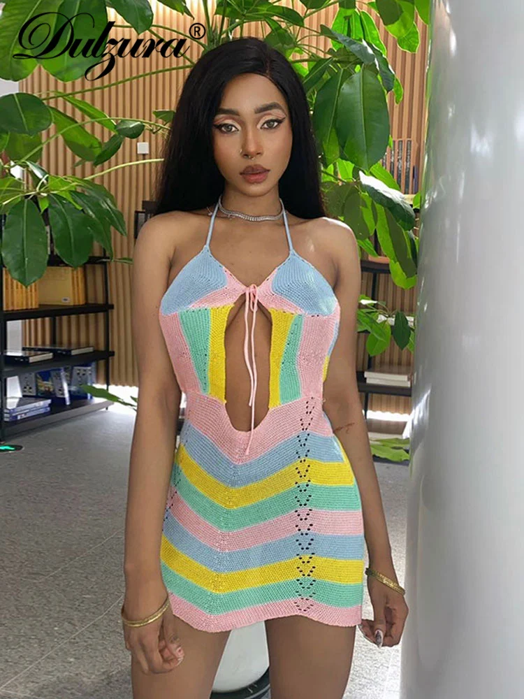

Dulzura Summer Knitted Patchwork Y2K Clothes Lace Up Sleeveless Backless Halter Bodycon Mini Dresses For Women 2022 Club Party