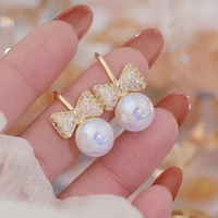 ydl fashion exquisite inlaid top quality zircon bow knot earrings luxury temperament pearl engagement long tassels earrings