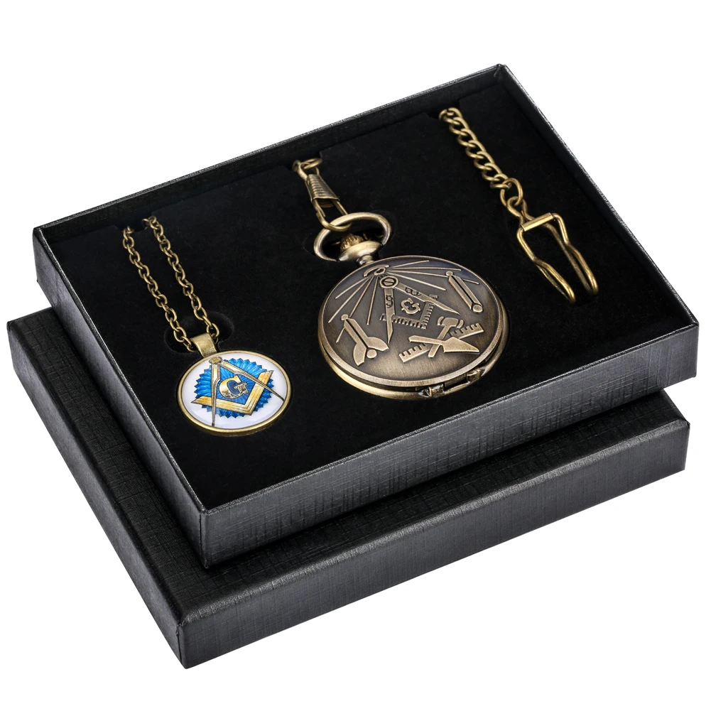 Steampunk Vintage Masonic Themed Quartz Pocket Watch Pendant Sets Box Gift Arabic Numerals White Dial Fob Chain Pocket Timepiece