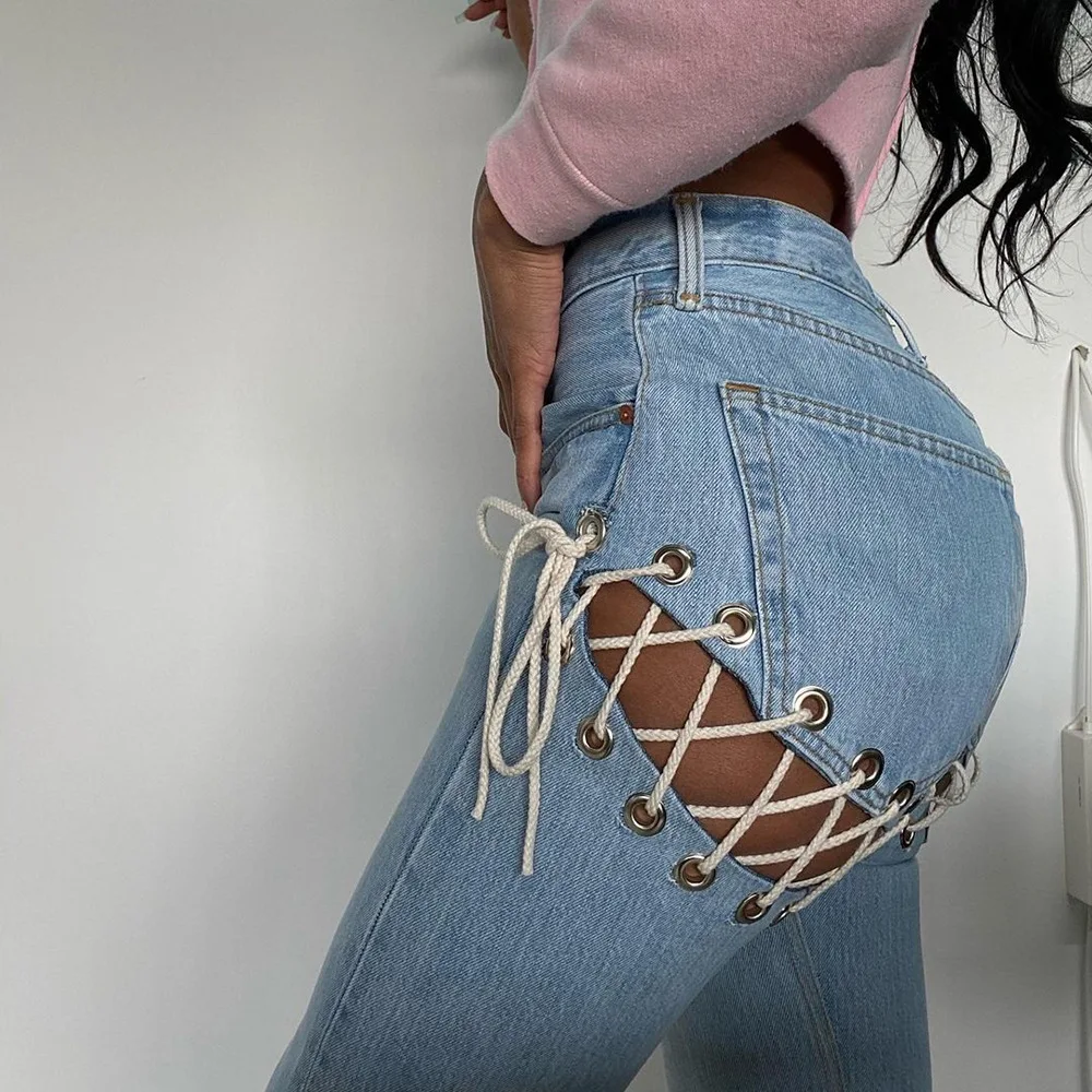 

Cutistation Washed Straight Jeans Women Blue Back Hollow Out Lace Up Sexy Y2k Denim Pants Streetwear Vintage Fashion Leggings
