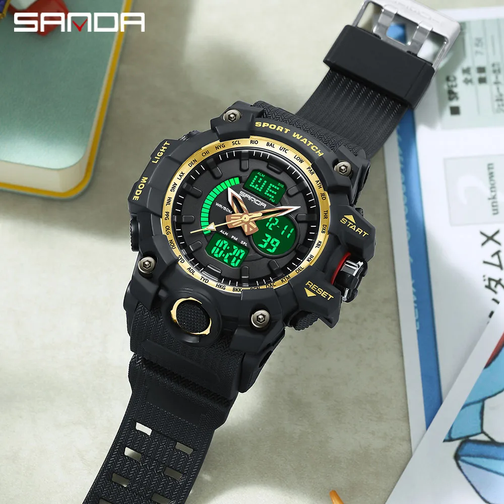 

golden Sport Watch SANDA Brand Watches LED Digital Wristwach Multi-functional Men Clock Led Stopwatch S Shock Sport Watch 3132