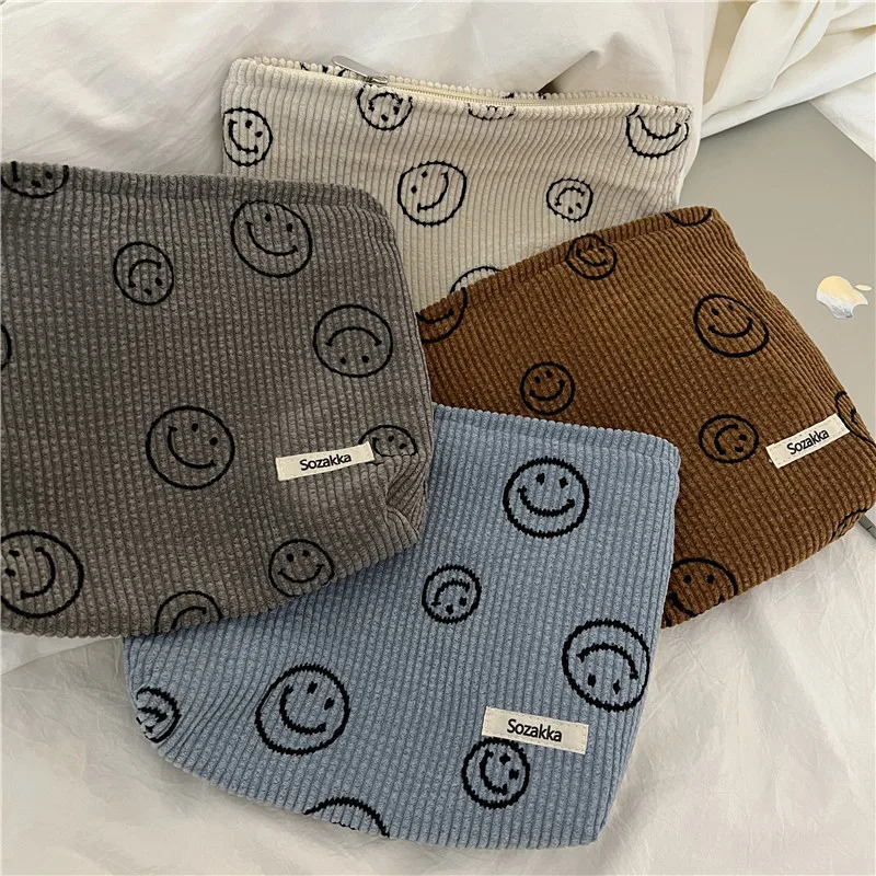 

Corduroy Polka Dot Cosmetic Bag Smiley Face Storage Wash Bag Key Cell Phone Wallet Pen Bag Girls Pencil Case Bags Makeup Bag