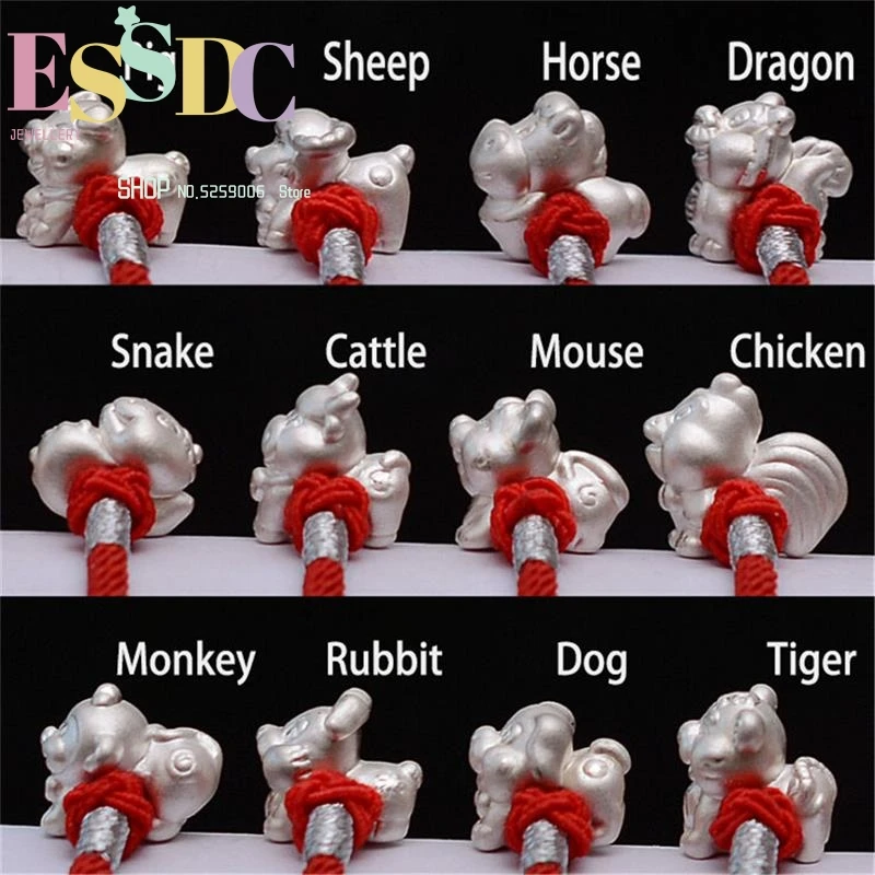 

Hot Sale Twelve Chinese Zodiac Pure S999 Animals Charm Bracelet 3D Silver Craft Hand Knitted Lucky Red Rope String