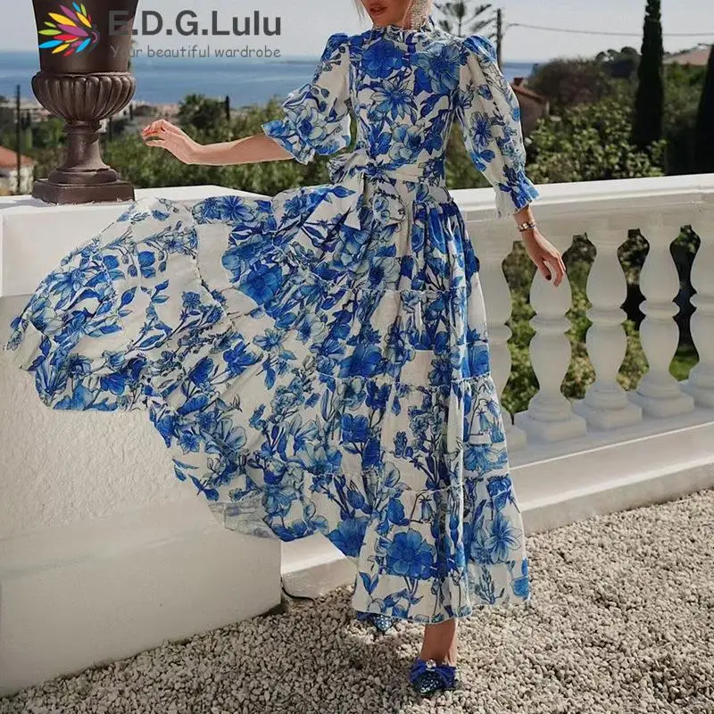 

EDGLuLu Beach Bohemia Stand Collar Long Sleeves Blue Print Dresses For Women 2022 Elegant Lace-up Bow Loose Maxi Dress 0918