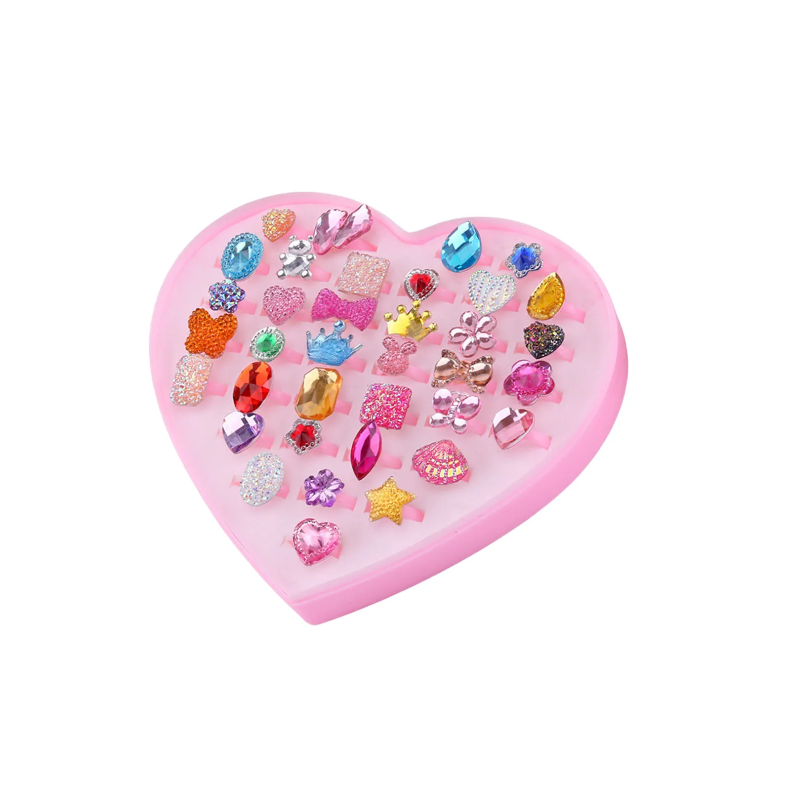 

36 Pcs Diamonds Children's Jewelry Rings 36 Pcs Children's Gem Ring Set Kids Gem Rings Set With Heart Shape Display Case Dress