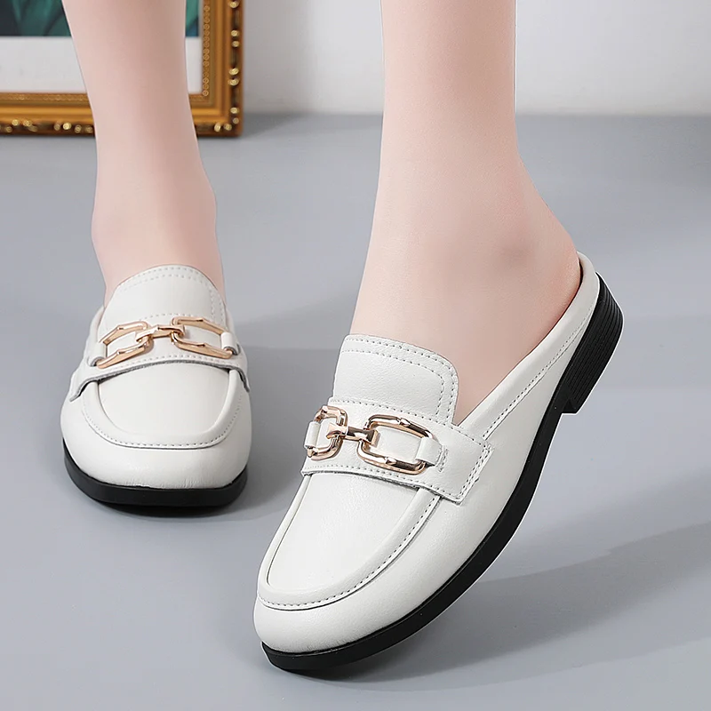 Женские летние полутапочки Baotou черные туфли на толстом каблуке с металлической