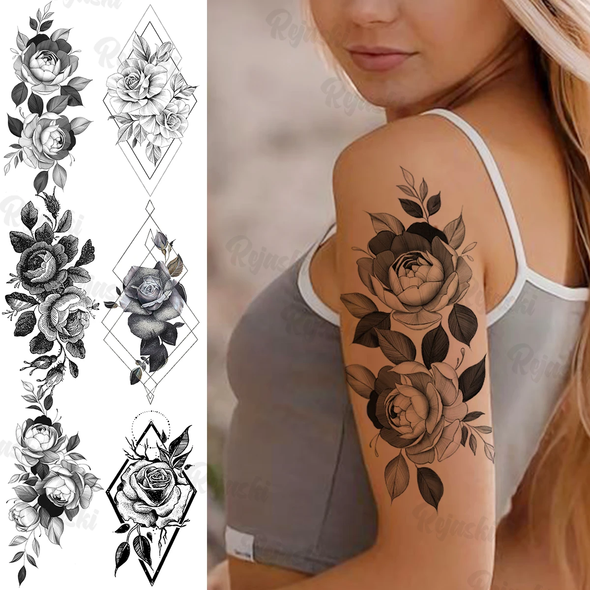 

Black Rose Flower Temporary Tattoos For Women Girls Realistic Geometric Lotus Flora Fake Tattoo Sticker Arm Sexy Back Tatoos 3D