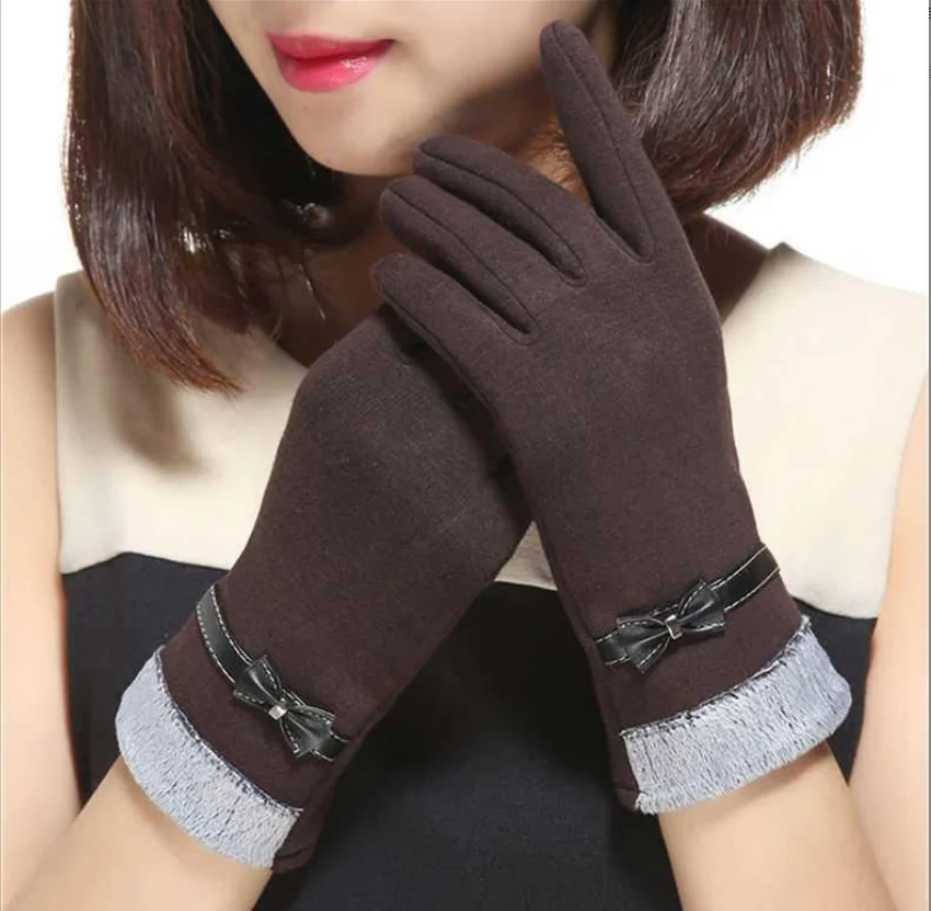 Перчатки Женские Осенне-Зимние Неинвертированный Бархат Кашемировые Полные Пальцы с Кружевом и Тачскрином из Хлопка YLWHJJ.