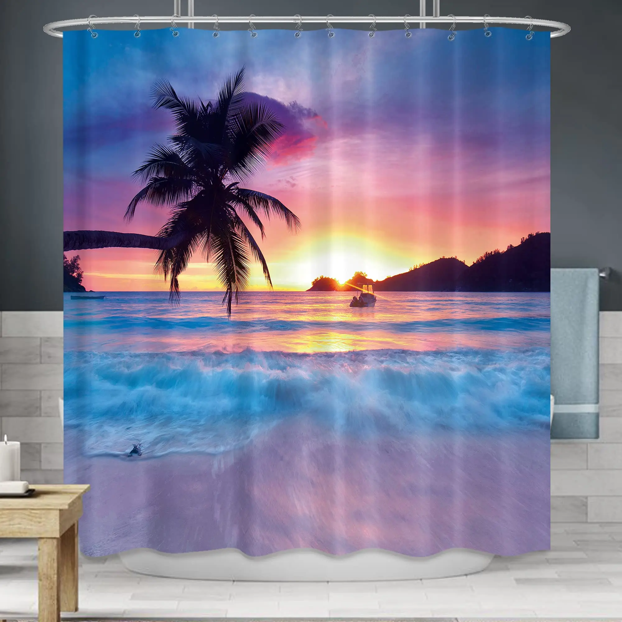 

Beach Shower Curtain Tropical Seaside Plam Trees Shower Curtain Sunset Ocean Waves Shower Curtain Blue Sky Coastal Sun with Hook